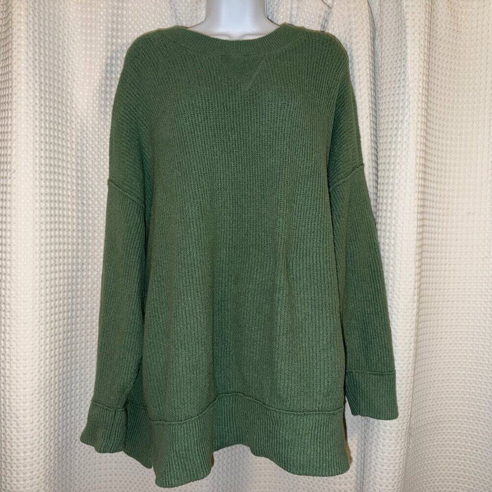 Aerie Oversized Sage Green Knit Sweater L Cotton Blend Crewneck